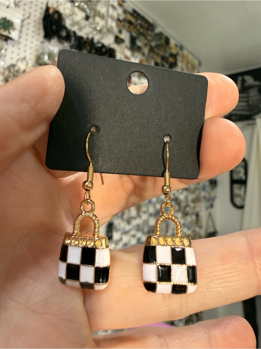 Gold-Tone Black & White Checkerboard Mini Bag Drop Earrings